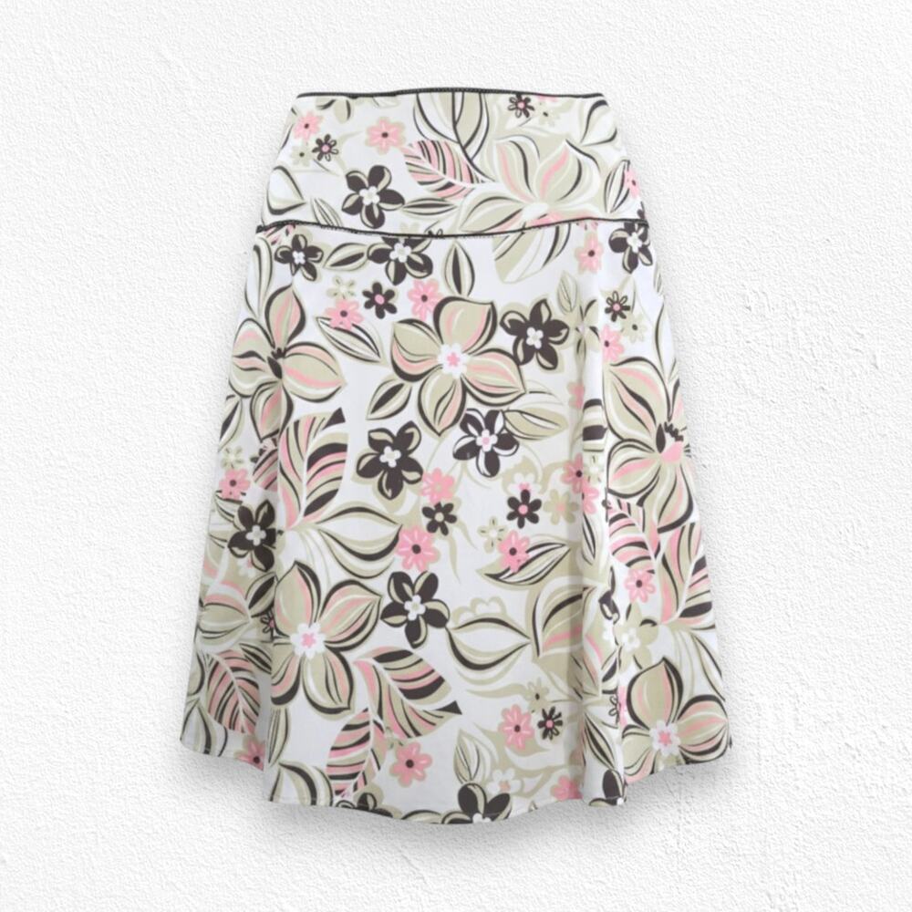 Y2K Pink Brown Floral A Line Skirt Cotton Made in USA Midi Skirt Size Medium